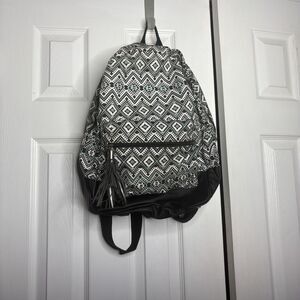 Boho Aztec Pattern Backpack Black Faux Leather Tassel Pocket Bag